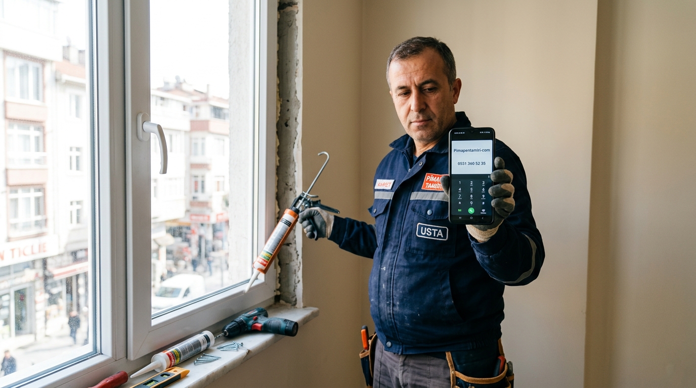 Pimapen tamircisi teknisyen kapi ve pencere tamiri yapiyor